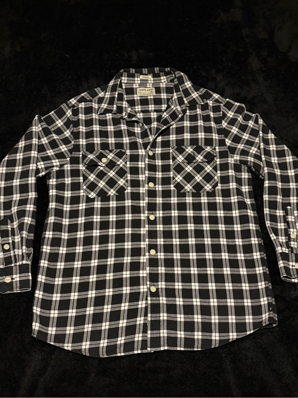 VTG Chaps Denim Fitted black Plaid Flannel Button-Up Long Sleeve Shirt medium